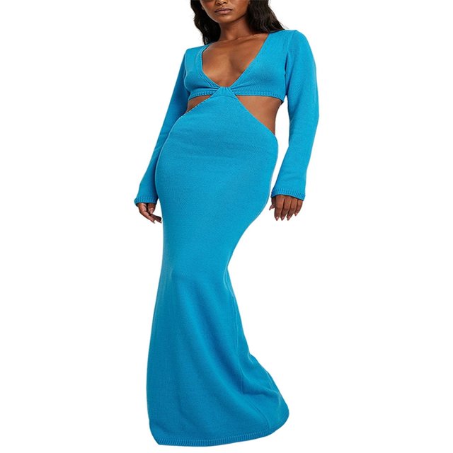 Robe de Soirée Longue en Tricot Uni à Manches Longues pour Femmes