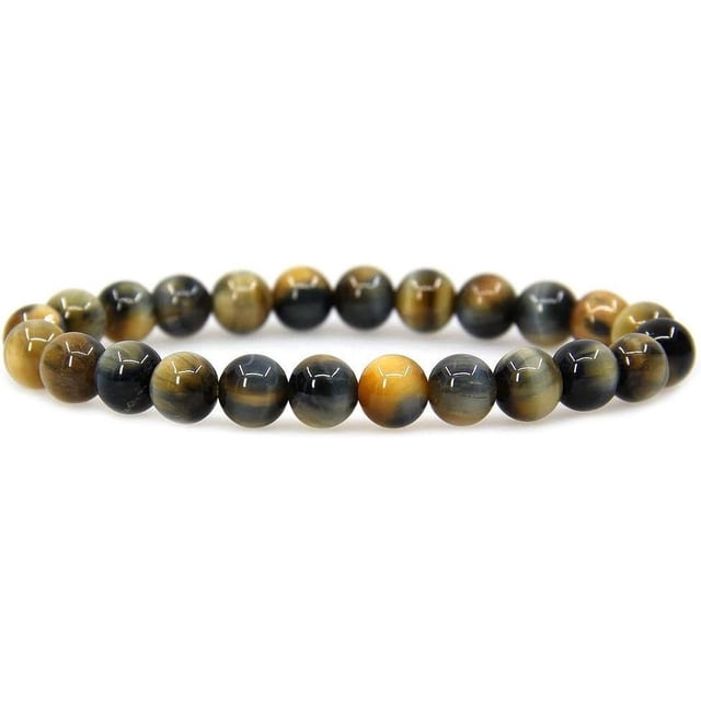 Bracelet Extensible Unisexe en Perles Rondes de 8 mm en Oeil de Tigre Bleu Doré Naturel