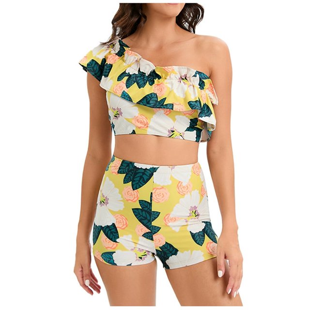 Womens Two Piece Swimsuits Ruffle One Shoulder Bathing Suit Floral Print Swimwear with Boyshorts