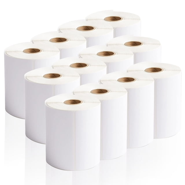 MotionGrey 4x6 Shipping Labels, 6000 labels in 12 rolls, displayed in a neat arrangement. These thermal shipping labels are made from durable, waterproof, and oilproof material, ensuring no smudging. Designed for use with most thermal printers, they offer a bright white surface for clear, professional printing. Each label is easy to tear and attach, ideal for fast-paced shipping environments.