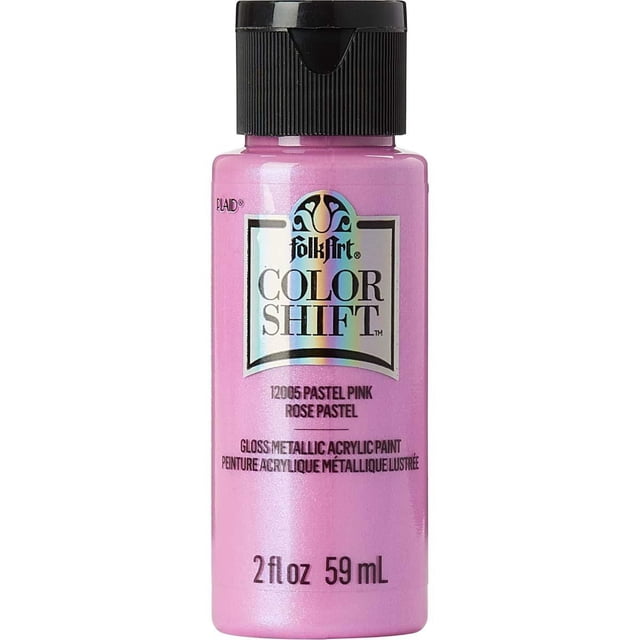 FolkArt Color Shift Acrylic Paint, 2 fl oz pastel pink bottle with metallic, glossy finish and black flip-top cap, water-based and non-toxic craft paint suitable for indoor and outdoor art projects.