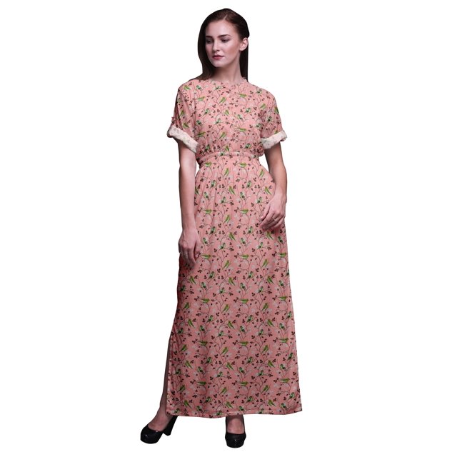 Bimba Robe Longue d'Été en Rayonne à Manches Kimono Imprimée Feuilles et Oiseau Flowerpecker avec Fente - Grande
