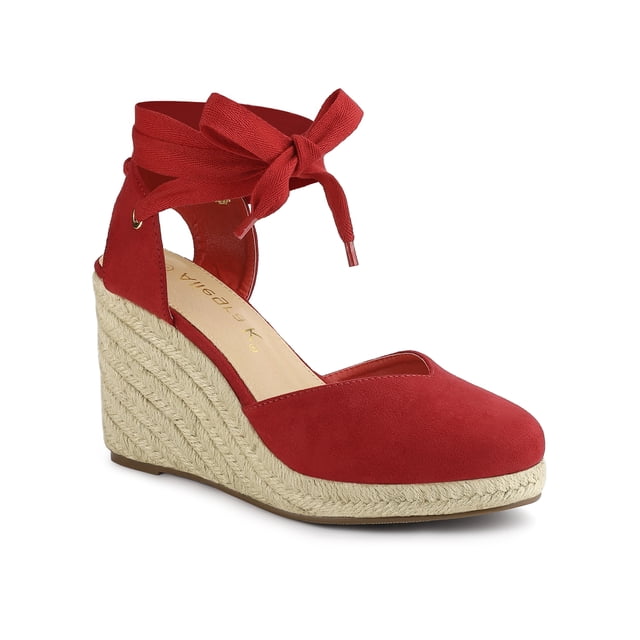 BLISSFUL STEP Chaussures pour Femmes Sandales Espadrilles à Talon Compensé Haut Bout Rond Rouge 5,5