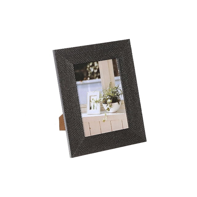5" X 7" Picture Frame (Mackenzie Black) set of 2 with black plastic frames featuring dotted circular patterns and rear stands, displaying photos; ideal for table décor and gifting, also suitable for showcasing small art prints or notes.