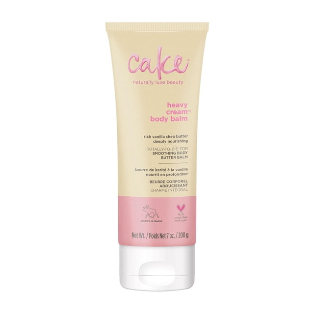 Cake Beauty Baume pour le Corps Crème Lourde 200 ml / 7 Oz en tube Compressible beige et Rose avec Bouchon Rabattable Blanc, Contenant 15 % de Beurre de Karité Pur, d'Aloès et d'Extrait de Feuille de Camélia pour Nourrir et Lisser en Profondeur la Peau, Sans Cruauté et Végane, Créé au Canada, Idéal pour Hydrater la Peau Sèche et pour des Soins Corporels Intensifs.