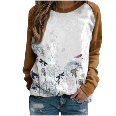 RKSTN Long Sleeve Shirts for Women Crew Neck Floral Printed Sweatshirts Casual Pullover Cute Lightweight Loose Tops