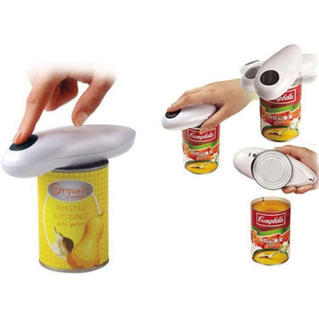 Electric can opener by Nunu with smooth edge technology, compact and lightweight, shown opening cans of various sizes. Features an ergonomic design suitable for seniors or individuals with arthritis. Ideal electric kitchen tool for creating resealable lids.