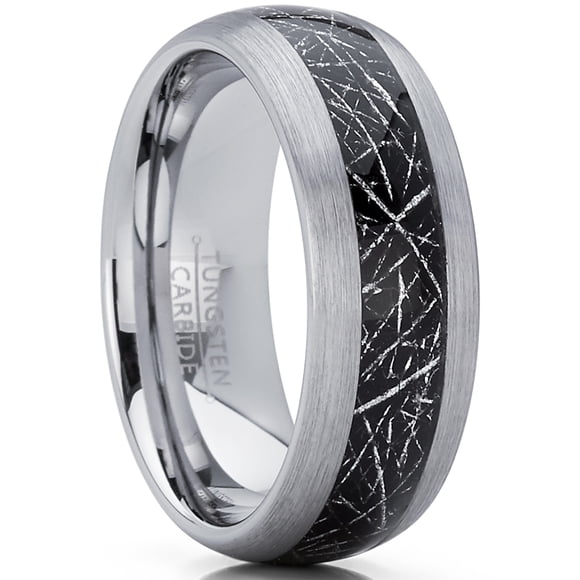 Men's Tungsten Carbide Wedding Band Ring with Imitated Meteorite Inlay, Dome Comfort Fit 8mm 10.5