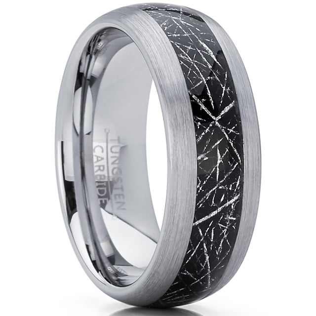 Men's Tungsten Carbide Wedding Band Ring with Imitated Meteorite Inlay, Dome Comfort Fit 8mm 14