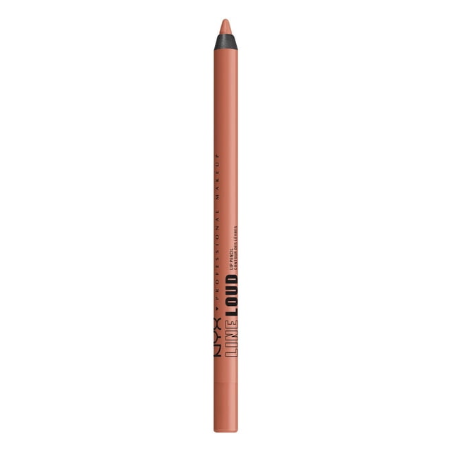 NYX PROFESSIONAL MAKEUP Line Loud Waterproof Lip Pencil in a nude matte shade with a slim cylindrical shape and black tip, infused with vitamin E and jojoba oil for smooth, long-lasting, comfortable lip lining and precise application.