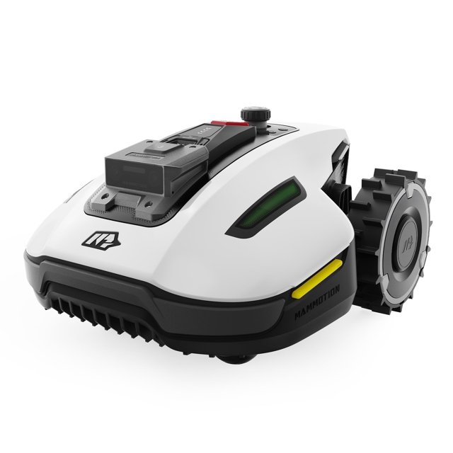 Mammotion YUKA Mini 600H Robot Lawn Mower, a cordless electric lawn mower with dual cutting discs, AI obstacle avoidance, and app control. Ideal for small lawns up to 0.3 acres, it features UltraSense AI Vision for precise mowing, multi-zone management, and slope handling up to 45%. The sleek white and black design includes rugged rear wheels and advanced sensors.