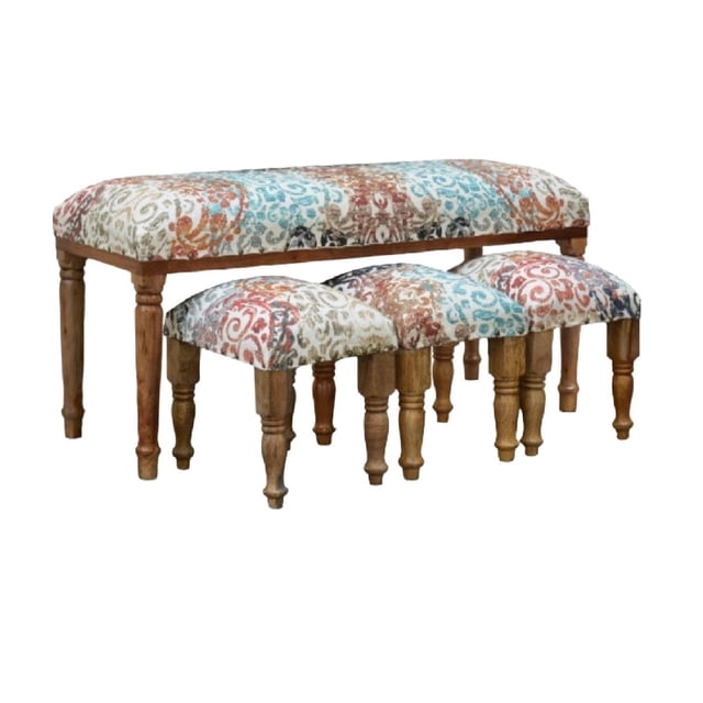 Ensemble de Banc et Tabourets en Bois de 4 Pcs (Tourbillon en Croissant) avec un Banc en Bois de 42 L x 16 L x 18 H et Trois Tabourets, Comprenant des Pattes Tournées et des Sièges Rembourrés en Tissu de Lin à Motif Tourbillon en Croissant Multicolore, Convient aux Sièges de patio Extérieur Ou à l'Entrée Intérieure.
