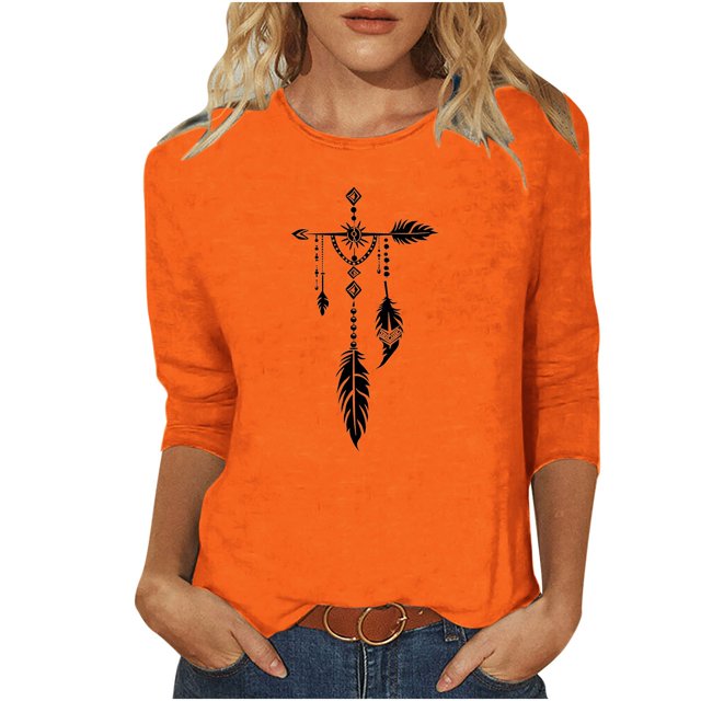Dadaria T-Shirt pour Femmes Chemise Orange Manches 3/4 Col Rond Grande Taille Attrape-Rêves d'Été Blouses 2TG