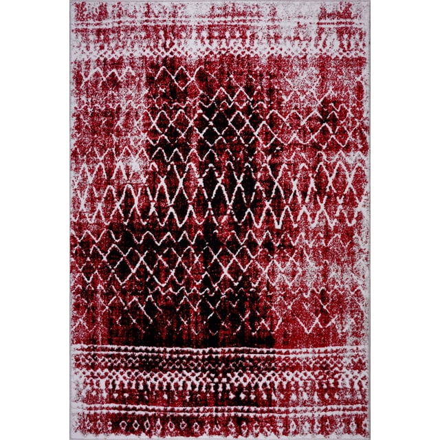 Verona Red Black Diamond Pattern Area Rug measuring 5'2" x 7'5". This medium-pile rug features a distressed diamond pattern in contrasting red and black hues, made from high-quality polypropylene. Ideal for high-traffic areas like living rooms or entryways, it offers durability and easy maintenance. The rug's unique design adds a bold yet understated touch to any space. Suitable for use with a rug pad to prevent sliding.