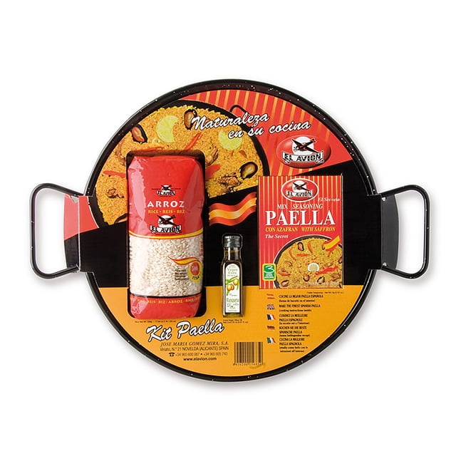 El Avion Kit de Paella Espagnole d'Espagne (pour 6 Personnes), Comprenant une Authentique Poêle à Paella en Émail, du Riz Espagnol, un Assaisonnement pour Paella et une Bouteille de 250 ml d'Huile d'Olive extra Vierge Espagnole. le Kit Est Emballé avec un Cahier de Recettes et Est Conçu pour Créer une Paella Espagnole Traditionnelle en Ajoutant Votre Choix de Poulet, Poisson, chorizo Ou Légumes. les Composants Sont Présentés sur la Poêle à Paella avec un Emballage vibrant Mettant en Valeur le logo de
