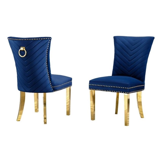 Ensemble de 2 Chaises Rembourrées en Velours Bleu Marine avec Pattes en Acier Inoxydable Doré