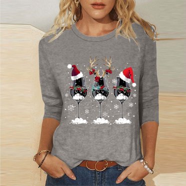 Amzcrzy Hauts pour Femmes T-Shirts Graphiques de Noël pour Femmes Mode Xmas Col Rond Manches 3/4 Hauts pour Femmes Décontractés Confortables Hauts d'Automne pour Femmes