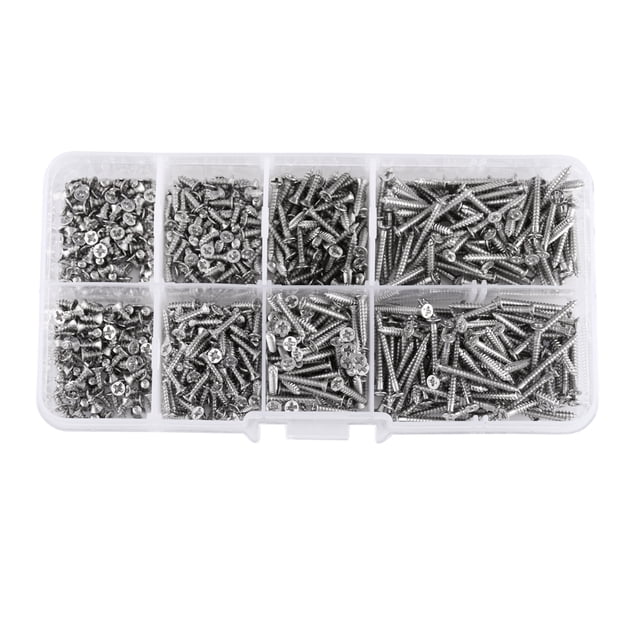 Wood Screw, 800Pcs Screws, Portable For Office Appliance Home. A transparent resealable box containing 800 nickel-plated carbon steel screws in eight assorted lengths ranging from 4mm to 20mm. These cross flat head screws are self-tapping and designed for wood, plastic, and soft metal applications. Suitable for hardware fasteners, wood furniture repair, and office appliance projects.