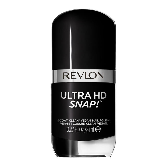 Revlon Ultra HD Snap Vegan Glossy Nail Polish 8mL bottle with black cap and silver band, featuring quick-drying, 1-coat full coverage formula, vegan and clean ingredients, and ergonomic design for easy application, suitable for at-home manicures.