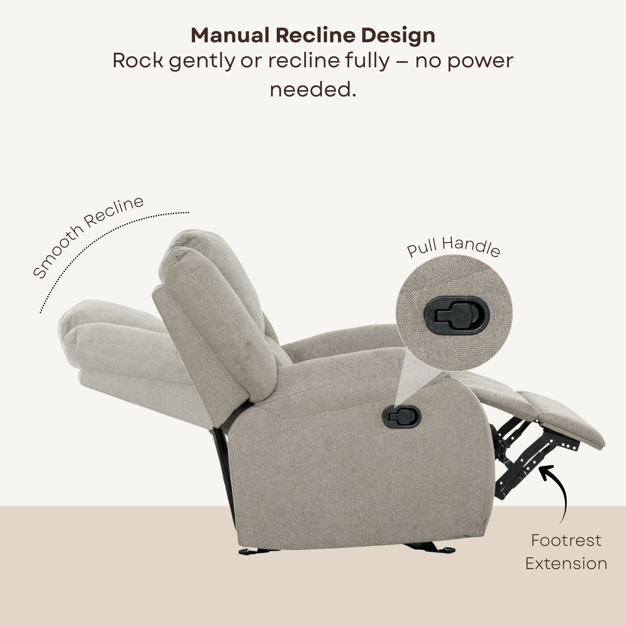 Fauteuil berçant inclinable Primo Amos – Fauteuil rembourré 36 po avec accoudoirs matelassés, mouvement berçant doux, tissu neutre – Pour salon