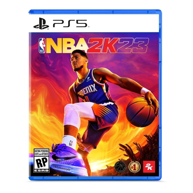 NBA 2K23 (PS5) game cover featuring a Phoenix Suns basketball player in blue and orange uniform dribbling a basketball against a fiery orange and purple sky background, with the PS5 logo and NBA 2K23 title prominently displayed.
