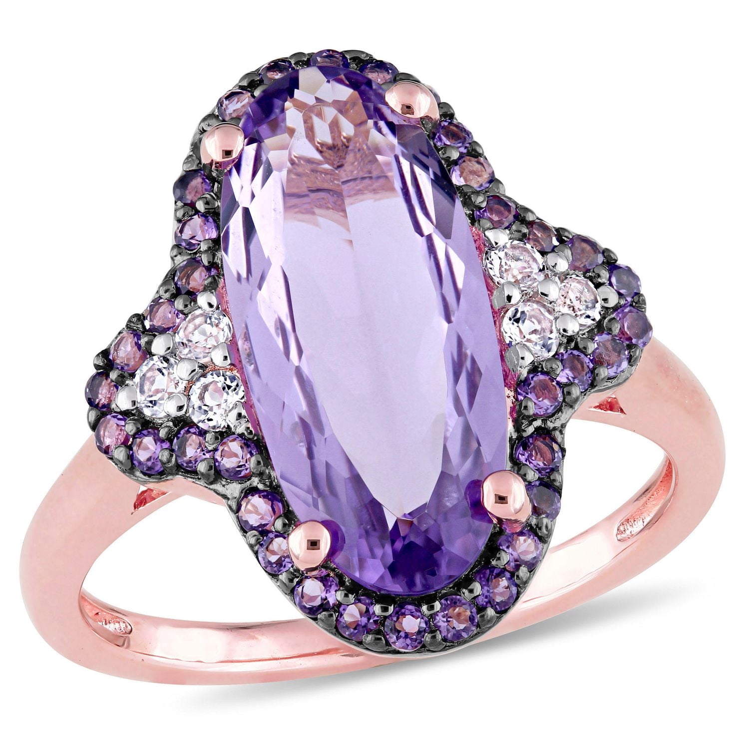 Bague cocktail auréole Tangelo avec améthystes et topazes blanches 3-1/2 CT PBT en argent sterling plaqué de rhodium rosé