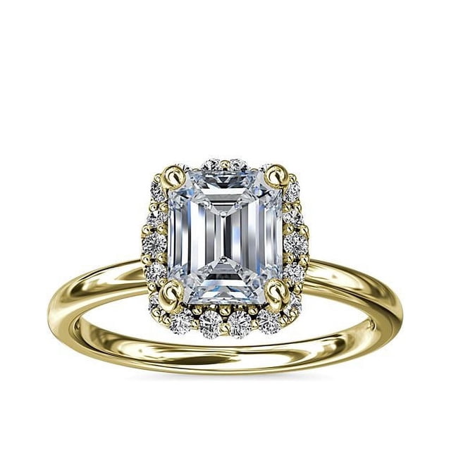 0.90 T.C.W Emerald Shape Natural Diamond Latest Design Halo Wedding Ring for Ladies Solid 14K Yellow Gold Size 8