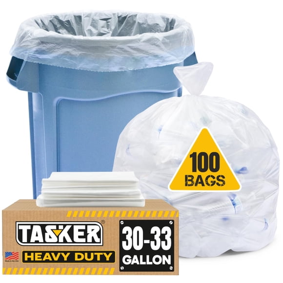 Tasker 30-33 Gallon Trash Bags Heavy Duty (Value 100/Bags w/Ties) Clear Large Plastic Recycling Garbage Bags. 30 Gal, 32 Gallon Clear Large