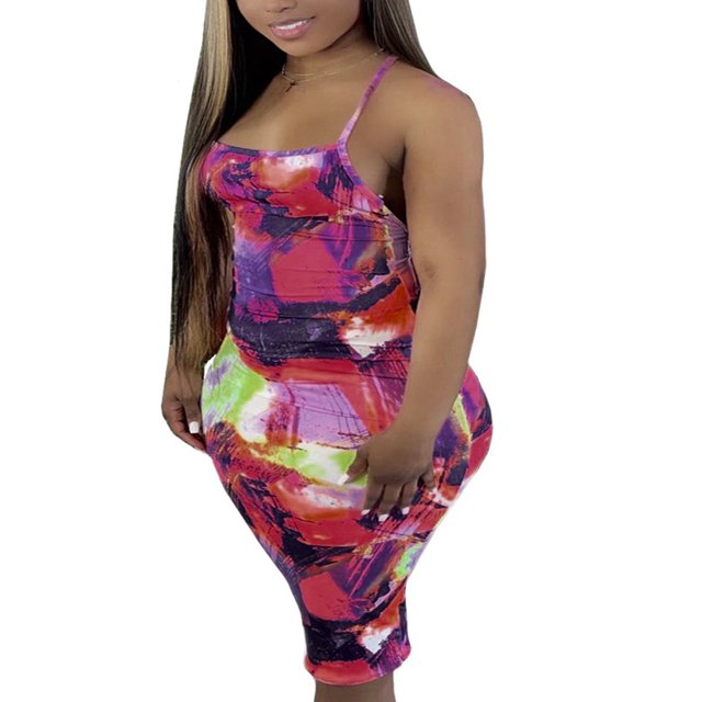 Women Halter Bodycon Sleeveless Ruched Spaghetti Strap Tie Dye Printing Club Party Mini Dress