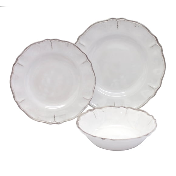 Le Cadeaux 12 Piece Luxury Melamine Dinnerware Set, Service for 4 (Rustica Antiqua White)