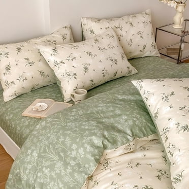 JOLUSERE Ensemble de Housse de Couette 100 % Coton Biologique, 3 Pcs Vert Vintage Floral Réversible Ensemble de Literie Doux Très Grand