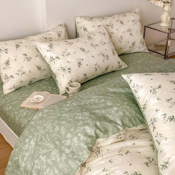 JOLUSERE Ensemble de Housse de Couette en Coton Biologique 100 %, Ensemble de Literie Doux Réversible à Fleurs Vert Vintage 3 Pcs Grand Lit