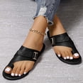 thumbnail image 2 of Slide Sandals for Women Flat Toe Ring Buckle Decor Leather Non Slip Beach Summer Sandals Black, 2 of 7
