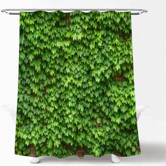 Red Brown Brick Wall Shower Curtain Lush Vines Green Leafy Ivy Plants Cover Wall Vintage Garden Landscape Country Rustic Wall Scenery Nature Plant Fabric Bath Curtain with Hook