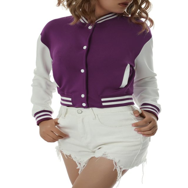 CenturyX Women Long Sleeve Cropped Baseball Jacket Color Block Button Down Front Open Fashion Bomber Jacket Coat Purple M