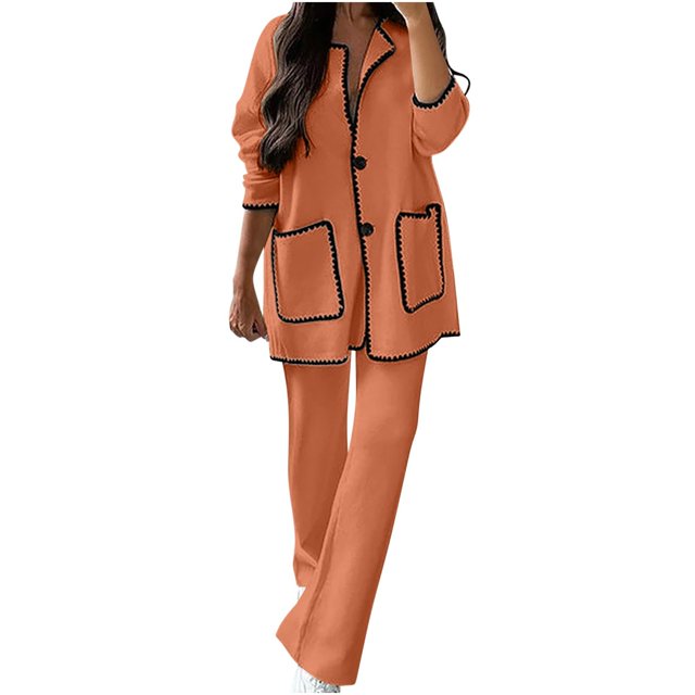 Timegard 2 Piece Outfits for Women V Neck Long Sleeve Button down Jackets Straight Leg Pants Fall Sets