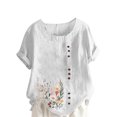 thumbnail image 1 of Liquidation d'Économies! BEFOKA Hauts pour Femmes Grande Taille en Liquidation, Blouse T-shirt d'Été Décontractée pour Femmes, T-shirt Blouse Décontracté pour Femmes en Lin à Col Rond Imprimé à Manches Courtes avec Boutons, 1 of 4