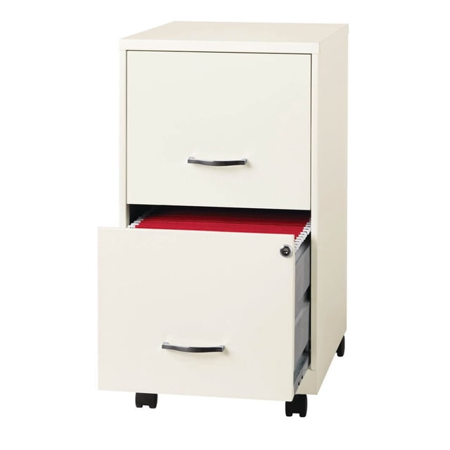 18" 2 Drawer Mobile Smart Vertical File Cabinet in pearl white with two metal drawers, one partially open showing red letter-size hanging file folders, black curved handles, built-in cam lock securing both drawers, and four caster wheels for easy mobility, ideal for organizing files and office supplies in small workspaces.