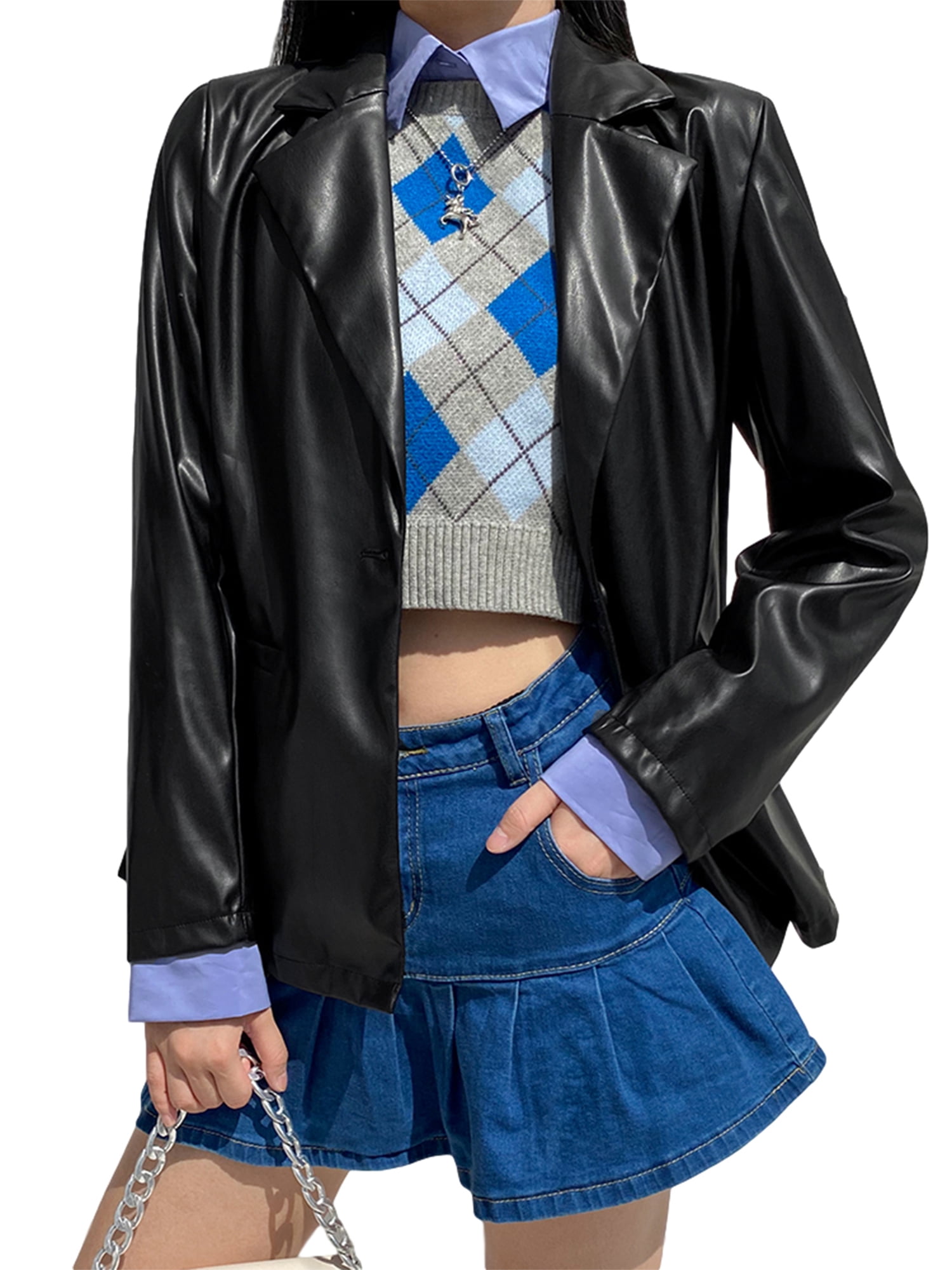 Women Black PU Leather Blazer Cool Lapel Button Jacket Coat
