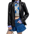 thumbnail image 1 of Women Black PU Leather Blazer Cool Lapel Button Jacket Coat, 1 of 8