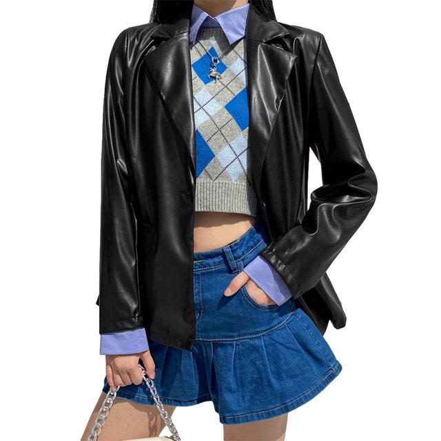 Women Black PU Leather Blazer Cool Lapel Button Jacket Coat