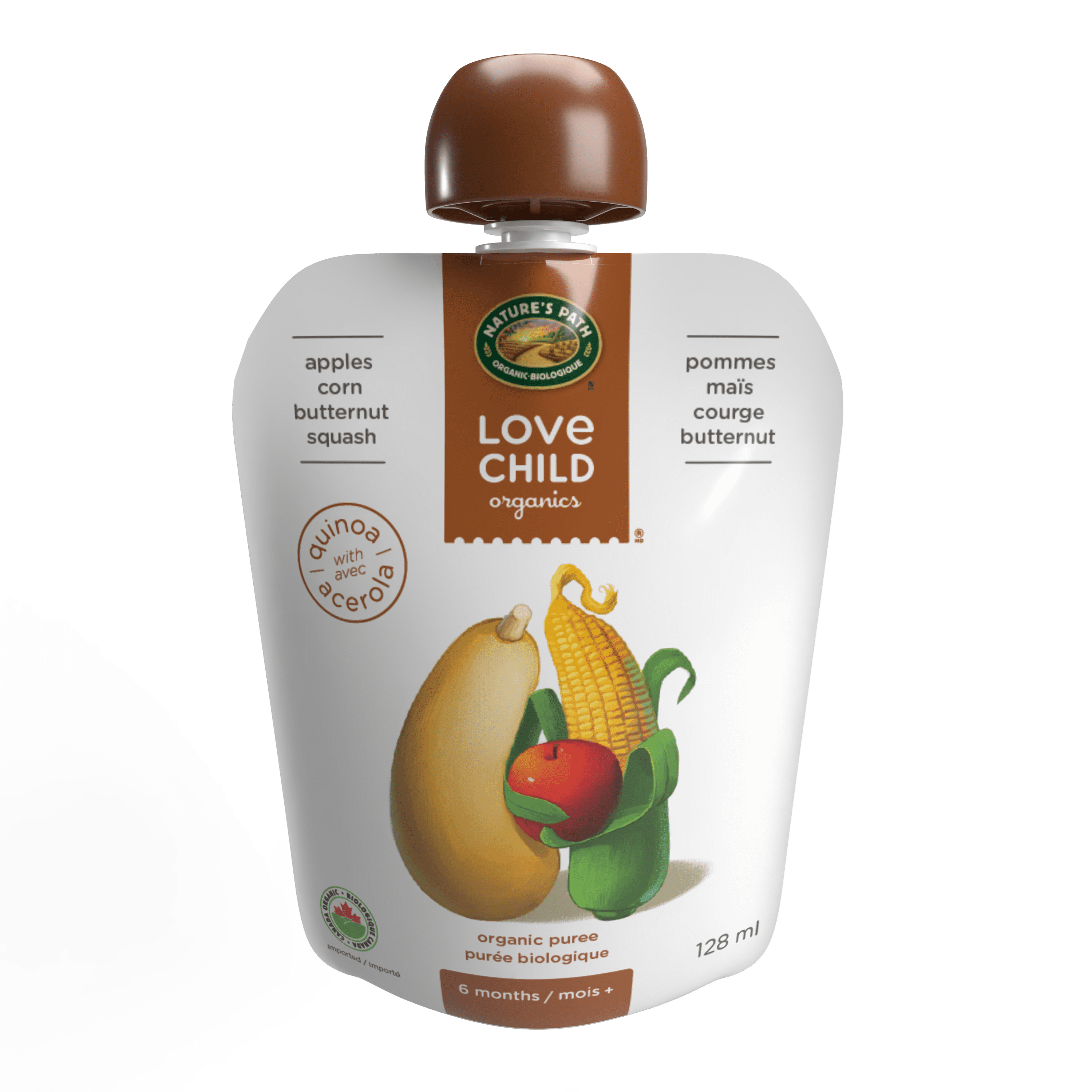 Purée pommes, maïs + courge musquée Superblends Love Child Organics, 128 ml, sachet