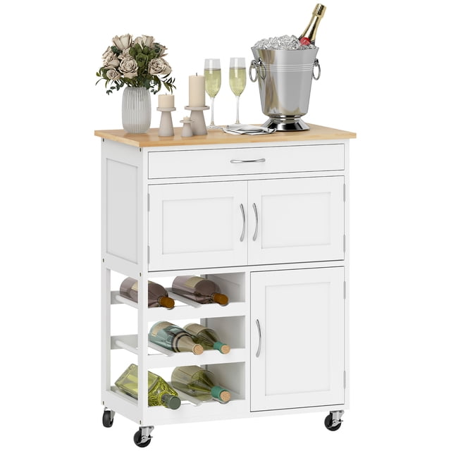 HOMCOM Kitchen Island on Wheels with Drawer, 9-bottle Wine Rack, White