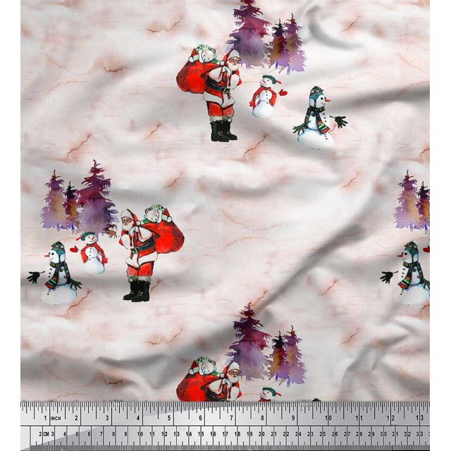 Soimoi polyester Crepe Fabric Snowman,Santa & Tree Christmas Decor Fabric Printed Yard 52 Inch Wide