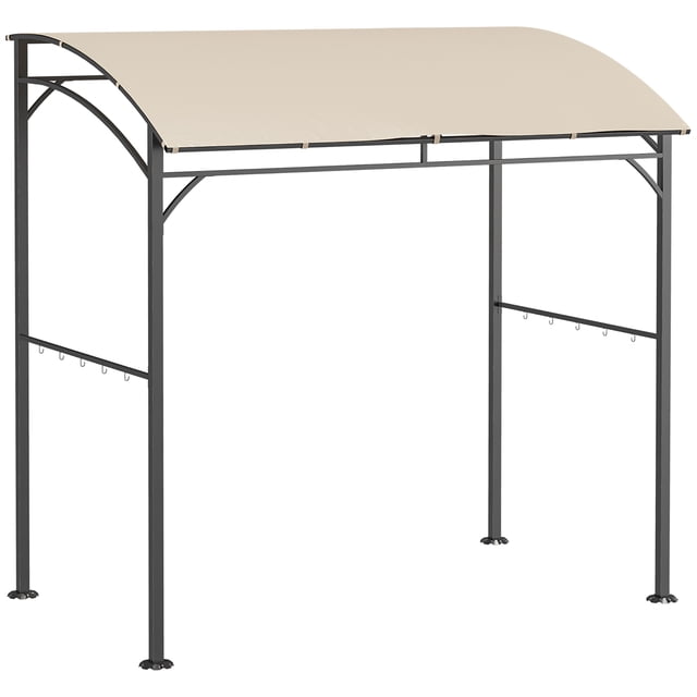 Outsunny 7' x 5' BBQ Grill Gazebo Tent with Steel Frame Hooks in beige. Features a powder-coated steel frame for durability and a weather-resistant polyester canopy with a curved design. Includes hooks for hanging grill utensils and ground pegs for stability. Dimensions: 84.6 inches long, 59.1 inches wide, and 86.6 inches high.