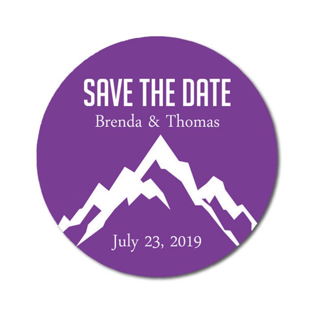 Darling Souvenir Round 45 Pcs Snowy Mountain Save The Date Stickers Personalized Bride Groom Names And Date Envelope Seals - Violet