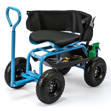 Costway Chariot de Jardin Roulant Trottinette à Hauteur Réglable avec Siège Pivotant et Rangement pour Outils Bleu