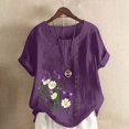 thumbnail image 3 of Cameland Hauts pour Femmes Col Rond Manches Courtes Imprimé Floral Chemise Ample, 3 of 4