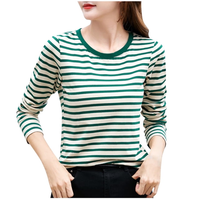 Timegard Hauts d'Automne pour Femmes à Rayures à Manches Longues T-Shirts Basiques Décontractés Ajustés Confortables à Col Rond