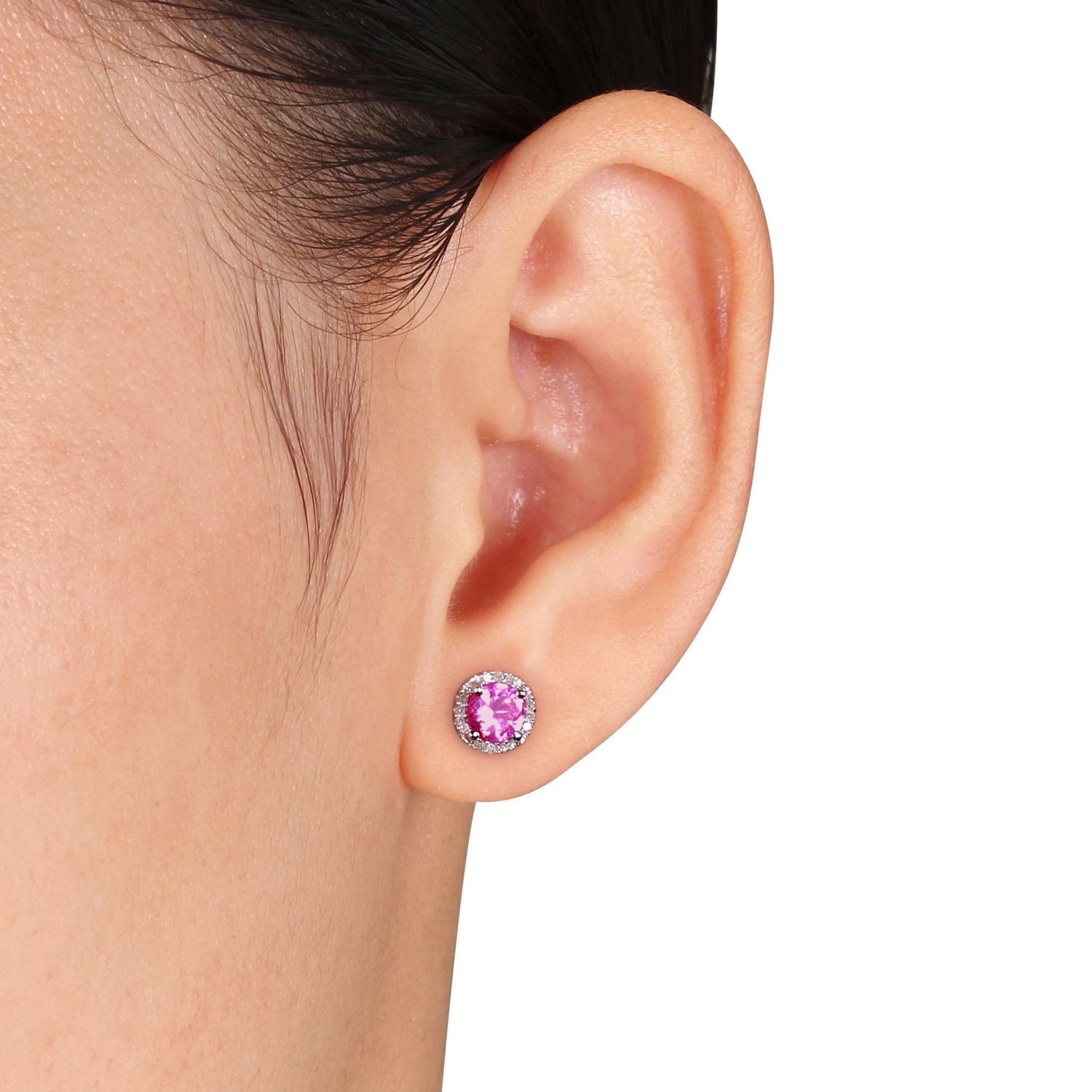 Boucles d'oreille de forme auréole Tangelo avec saphirs roses synthétiques 1-1/6 CT PBT et accents de diamants en argent sterling
